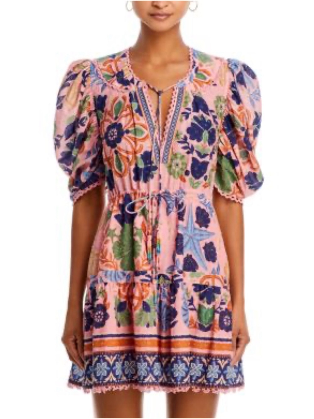 Pink Floral Puff-Sleeve Mini Farm Rio Dress